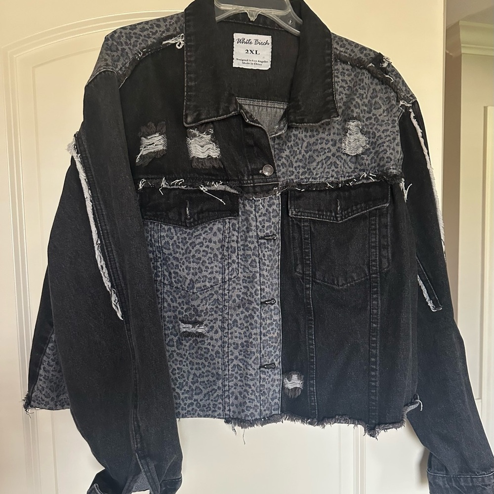 White Birch Black and Gray Leopard Print Denim Jacket